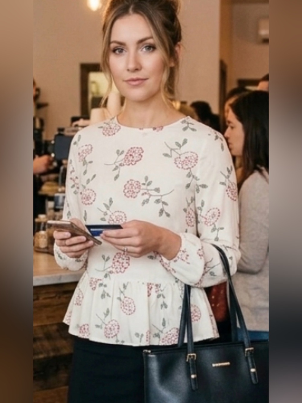 A/X Armani Exchange Cream Peplum Top with Pink Floral Print
